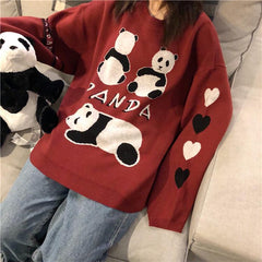Suéter de punto extragrande con bordado de pandas kawaii