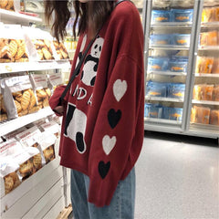 Suéter de punto extragrande con bordado de pandas kawaii