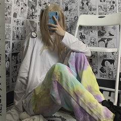 Pantalones de pana con estampado tie-dye pastel kawaii
