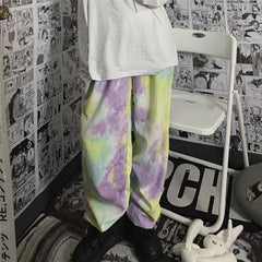 Pantalones de pana con estampado tie-dye pastel kawaii