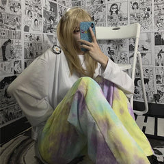 Pantalones de pana con estampado tie-dye pastel kawaii