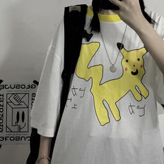 Camiseta holgada con estampado de dibujos animados de Pikachu kawaii