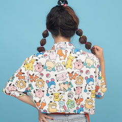Kawaii Pokemon Print White Pink Chiffon Casual Shirt