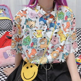 Kawaii Pokemon Print White Pink Chiffon Casual Shirt
