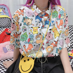 Kawaii Pokemon Print White Pink Chiffon Casual Shirt