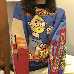 Suéter de punto con estampado de cómic retro Keep Fighting