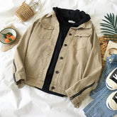 Khaki Black Buttons Zip Sleeves Denim Jacket