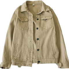 Khaki Black Buttons Zip Sleeves Denim Jacket
