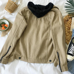 Khaki Black Buttons Zip Sleeves Denim Jacket