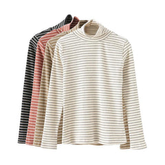 Knit Long Sleeve Stripes High Neck Slim Cotton Blouse