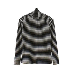 Knit Long Sleeve Stripes High Neck Slim Cotton Blouse