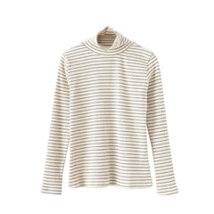 Knit Long Sleeve Stripes High Neck Slim Cotton Blouse
