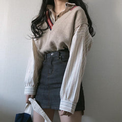 Knit Loose Beige Vest + Striped Casual Vintage Shirt
