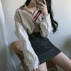 Knit Loose Beige Vest + Striped Casual Vintage Shirt
