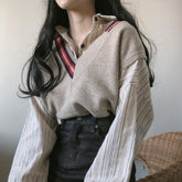 Knit Loose Beige Vest + Striped Casual Vintage Shirt