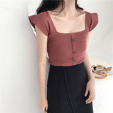 Knit Wavy Shoulders Elegant Fron Buttons Top