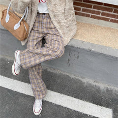 Pantalones rectos de cintura alta con cuadros escoceses de estilo coreano