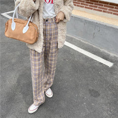 Pantalones rectos de cintura alta con cuadros escoceses de estilo coreano