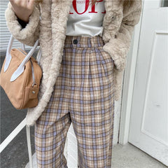 Pantalones rectos de cintura alta con cuadros escoceses de estilo coreano