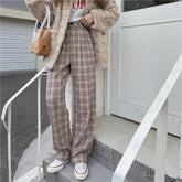 Korean Aesthetic Plaid High Waist Straight Pants