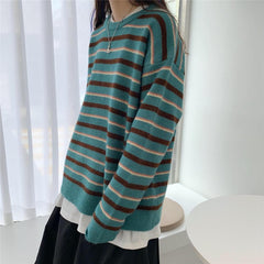 Korean Aesthetic Round Neck Striped Knitted Sweater