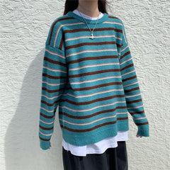 Korean Aesthetic Round Neck Striped Knitted Sweater