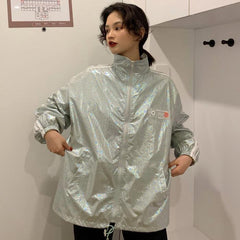 Laser Hologram Side Stripes Sporty Bomber Jacket