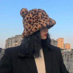 Leopard Faux Fur Ears Kawaii Plush Bucket Hat