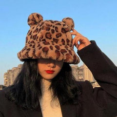 Leopard Faux Fur Ears Kawaii Plush Bucket Hat
