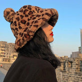 Leopard Faux Fur Ears Kawaii Plush Bucket Hat