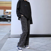 Letter Embroidery Sweatshirt + High Waist Plaid Pants
