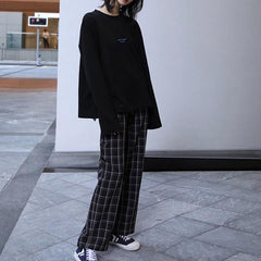 Letter Embroidery Sweatshirt + High Waist Plaid Pants