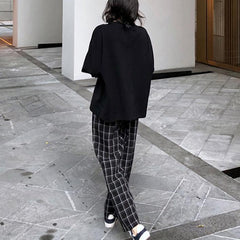 Letter Embroidery Sweatshirt + High Waist Plaid Pants