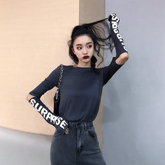 Letters Printed Long Sleeve Holes Thin Shirt