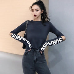 Letters Printed Long Sleeve Holes Thin Shirt