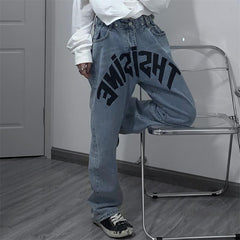 Light Blue Black Street Style Letters Print Loose Jeans