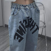 Light Blue Black Street Style Letters Print Loose Jeans
