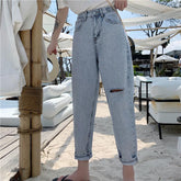 Light Blue Retro Rhinestones Ripped High Waist Jeans