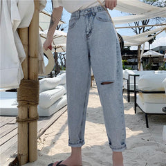 Light Blue Retro Rhinestones Ripped High Waist Jeans