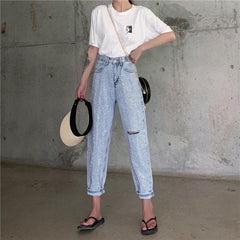 Light Blue Retro Rhinestones Ripped High Waist Jeans