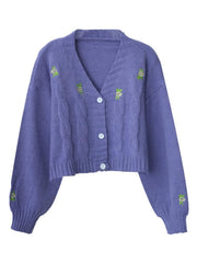 Suéter de punto vintage con cuello en V y pequeñas flores en color lila y negro