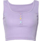 Lilac Cute Egirl Pastel Buttons Ribbed Slim Crop Top
