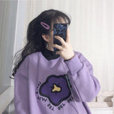 Lilac Egril Flower Embroidery Patch Loose Sweatshirt