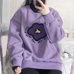 Lilac Egril Flower Embroidery Patch Loose Sweatshirt