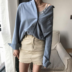 Long Sleeve Front Buttons Oversized Linen Cotton Shirt
