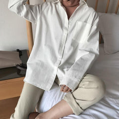 Long Sleeve Front Buttons Oversized Linen Cotton Shirt