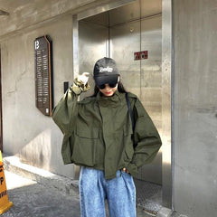 Loose Bat Sleeve Front Pockets Safari Windbreaker