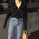 Loose Lapel Long Sleeve Polka Dot Shirt