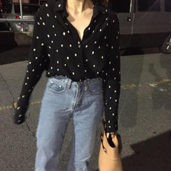 Loose Lapel Long Sleeve Polka Dot Shirt