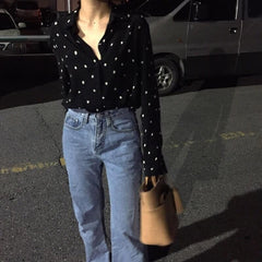 Loose Lapel Long Sleeve Polka Dot Shirt